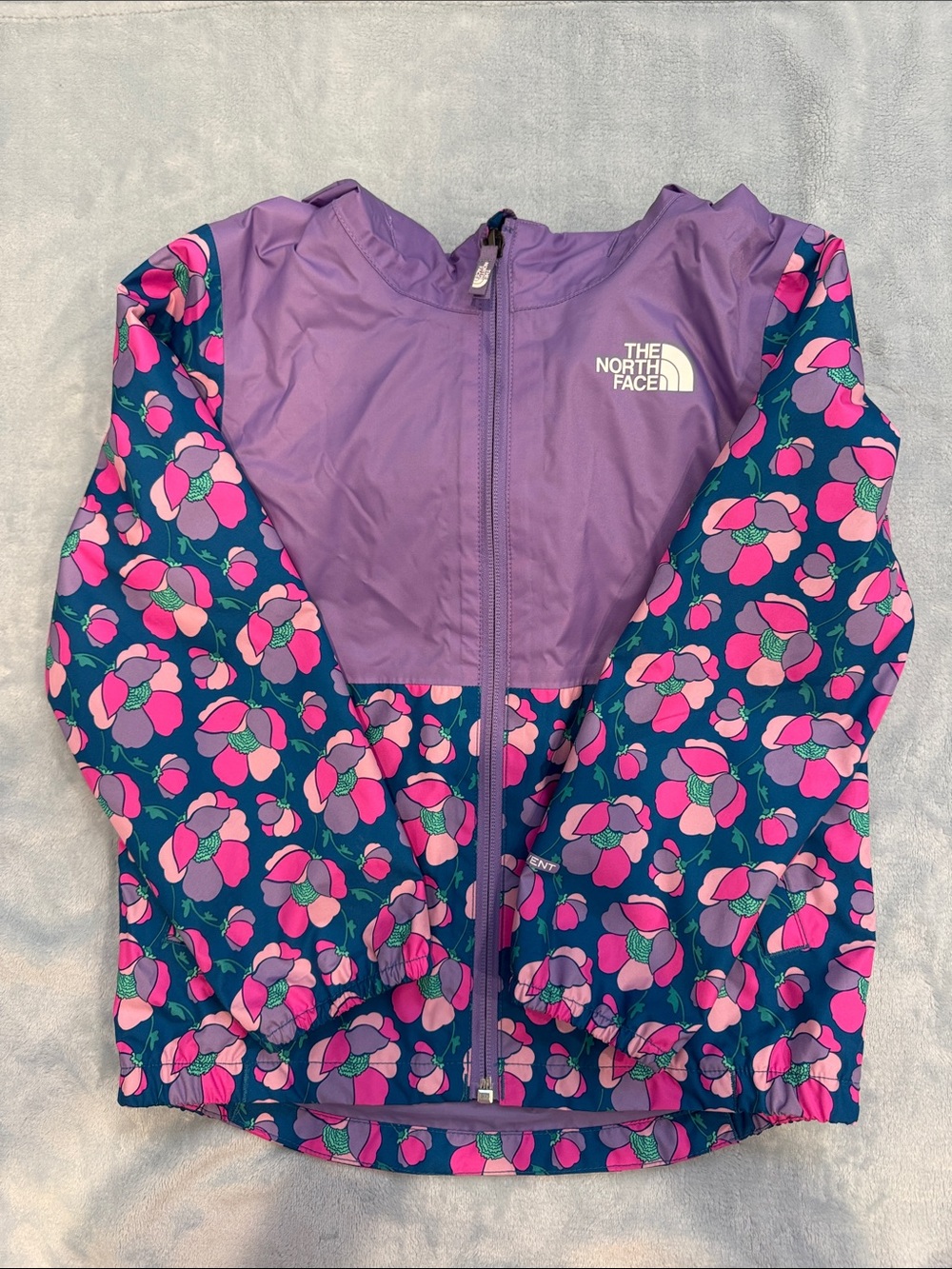 The North Face Kids' Purple and Pink Floral rain jacket 5T